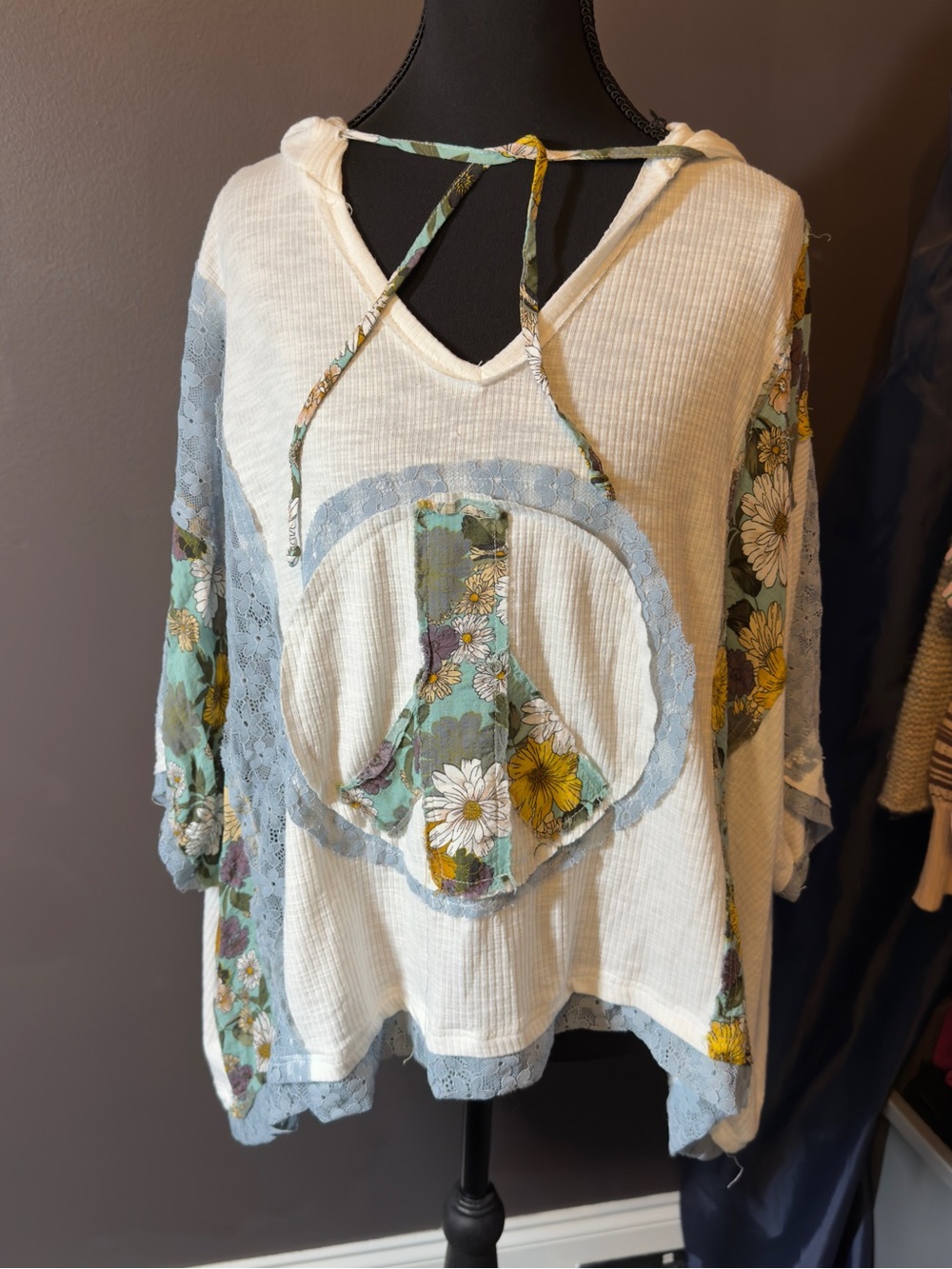 POL Cream Knit Hoodie Tunic with Mint Floral Peace Motif
